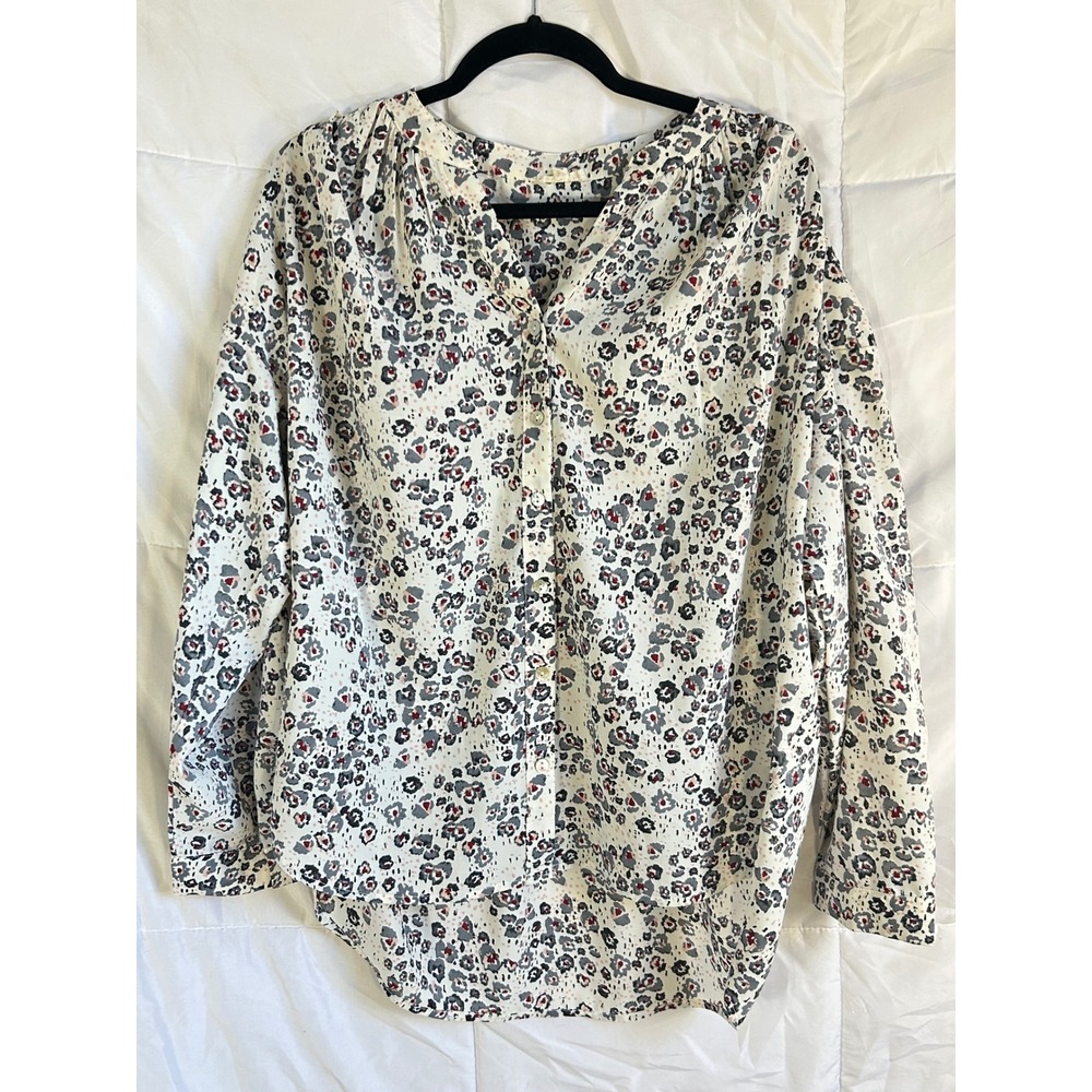 JODIFL Women's M Long Sleeve Button Up V Neck‎ Leopard Floral Print Blouse
